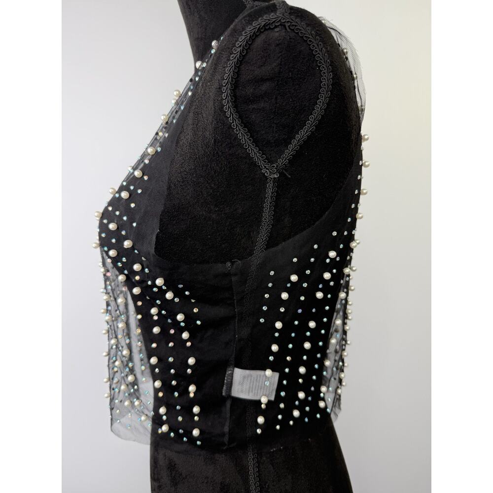 Love J Black Sheer Mesh Pearl Rhinestone Crop Tank Top Y2K Party Size L - Picture 9 of 16